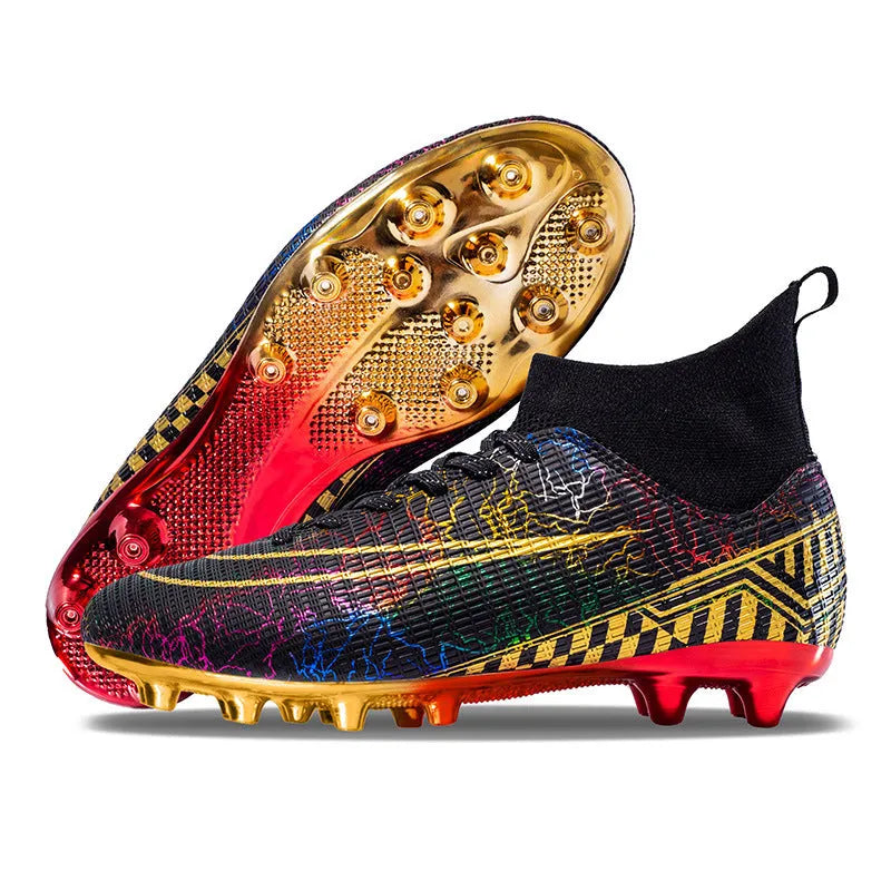 High-top soccer training shoes with gold bottom detail on artificial grass surface