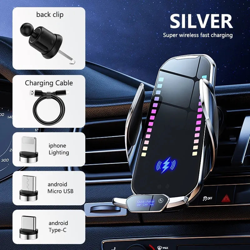 Car mobile phone holder with wireless charging in silver and tarnish finishes