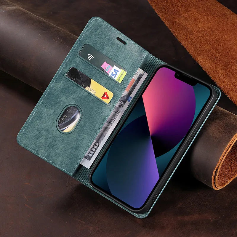 Magnetic flip leather phone case for iPhone in black, showing closed cover with magnetic clasp.
