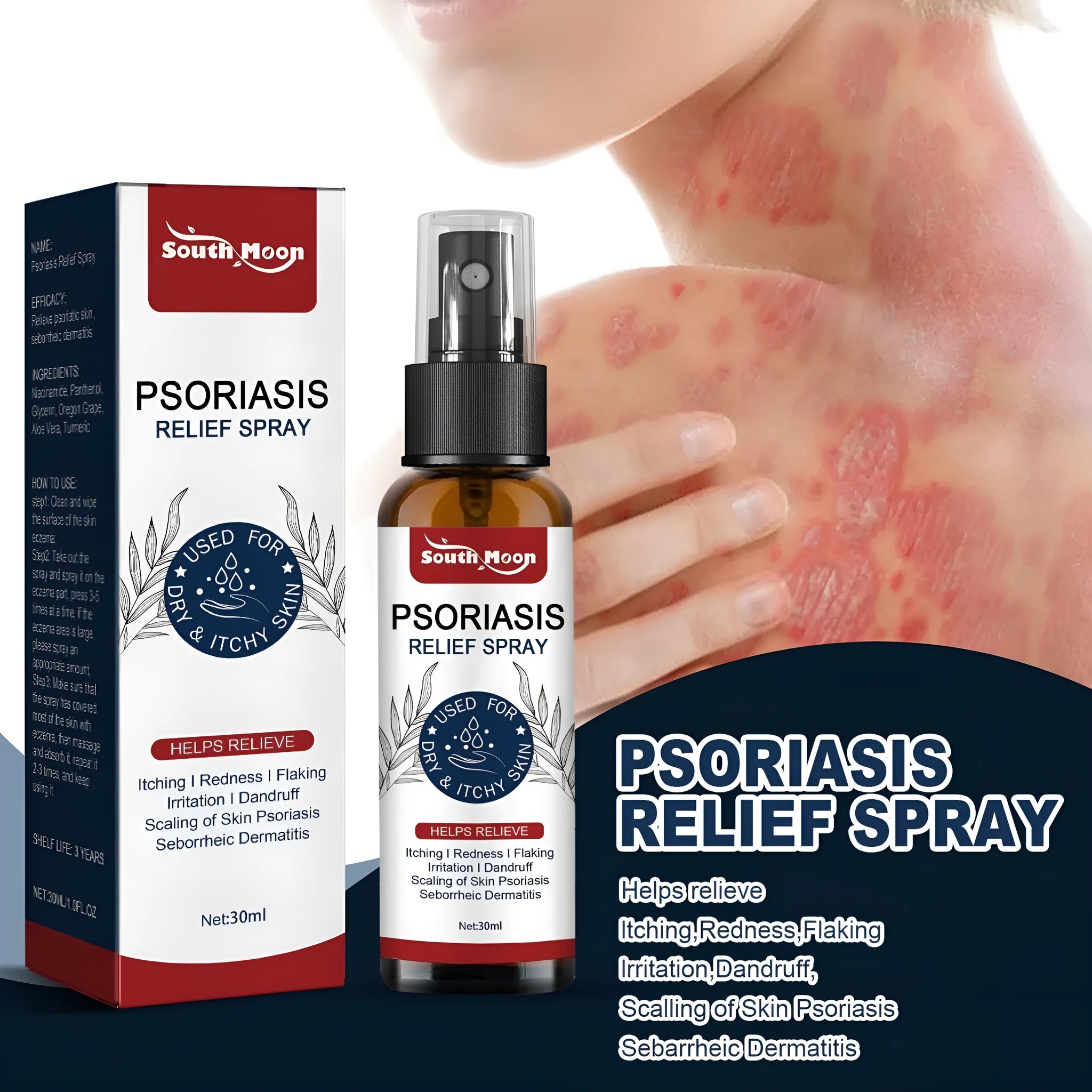 30ml bottle of clear body care spray with a pump nozzle for soothing dry skin.