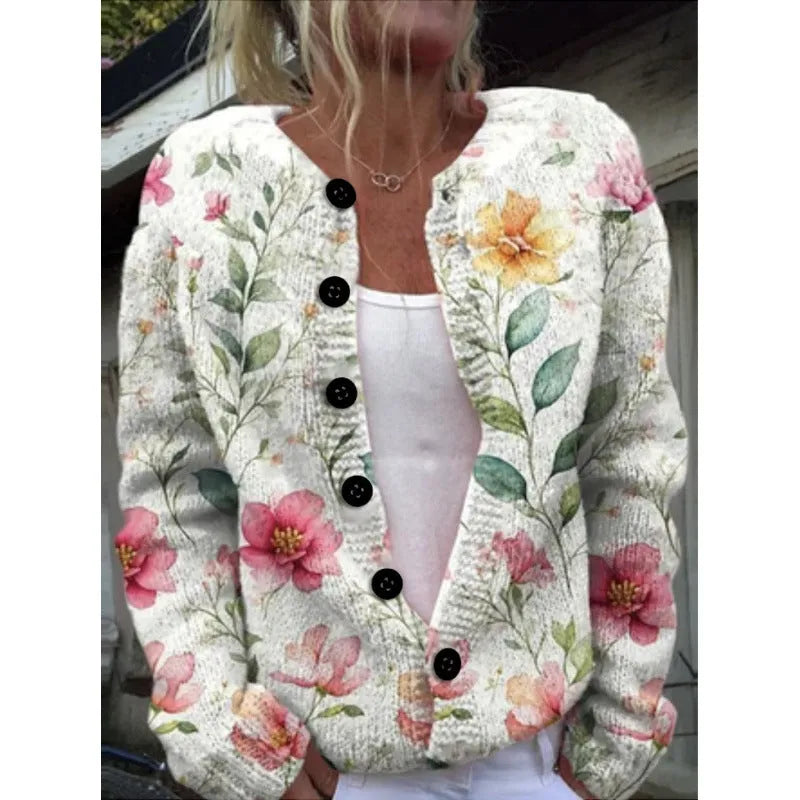 Yellow digital print cardigan coat with 3D pattern effect, shown as an open layer.
