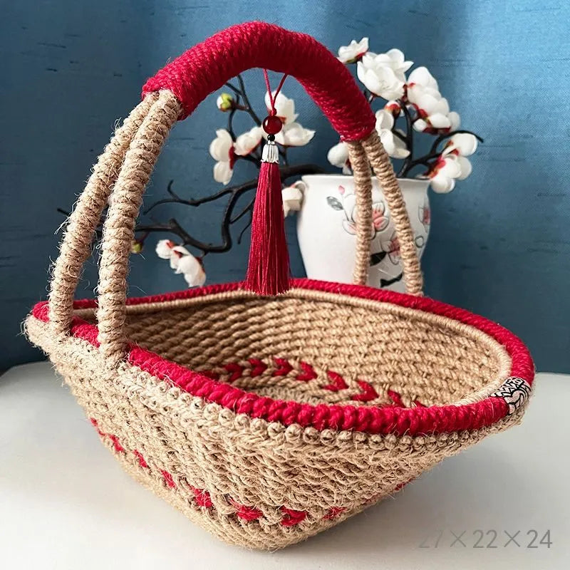 Xi Blue hand-woven straw basket with twine finish, 27x22x24cm, retro national wind style for living room