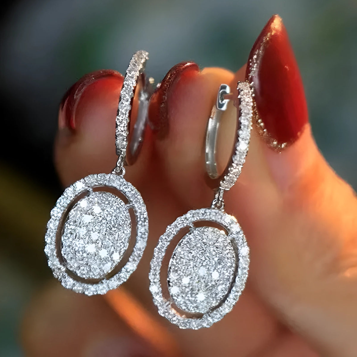 White gold plated oval earrings for women with copper base and geometric European American style, one pair