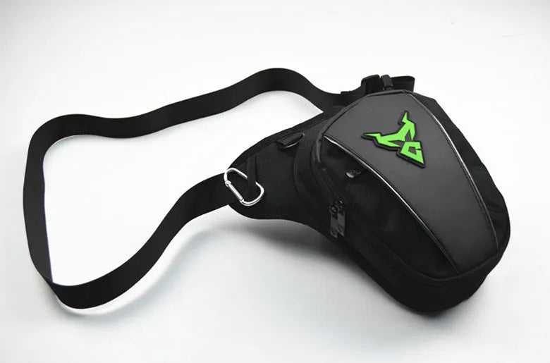 0105MC motorcycle leg bag in 1200D Oxford cloth shown in red, blue, green, and grey colour options