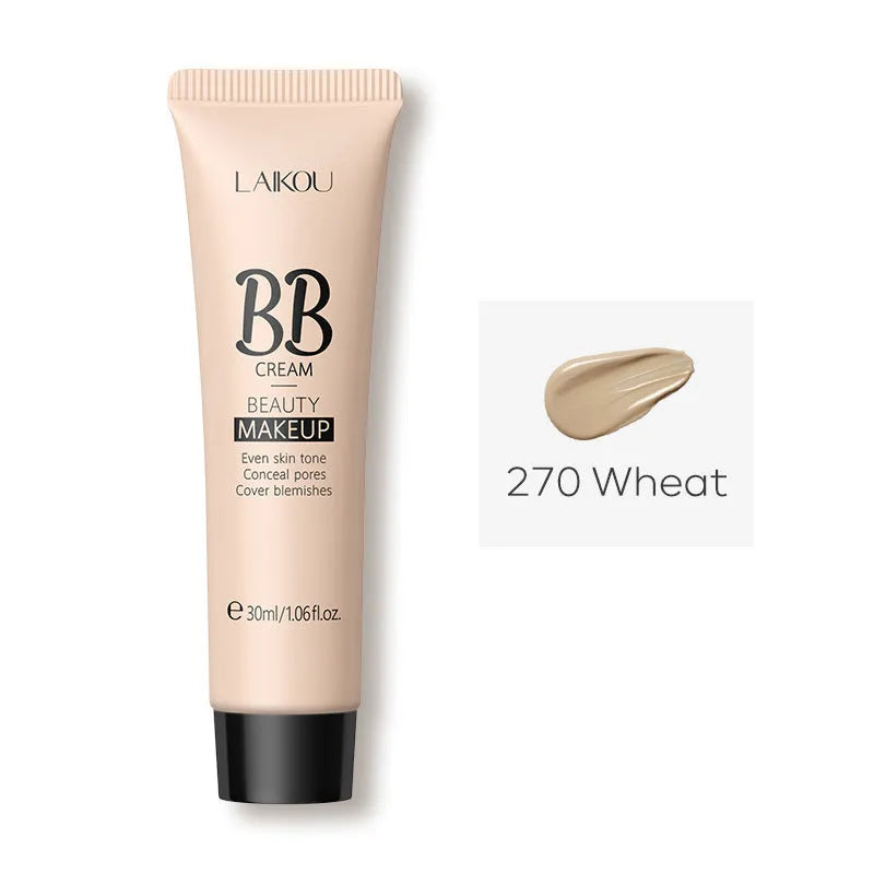 30ml tube of natural finish BB cream showing nine colour shade options from Ivory White to Brown