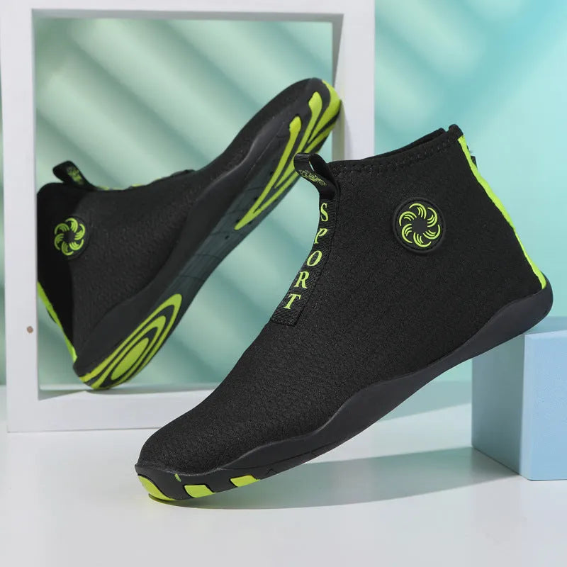 Mid-top breathable mesh beach water shoes in black and fluorescent green with a textured non-slip rubber sole.