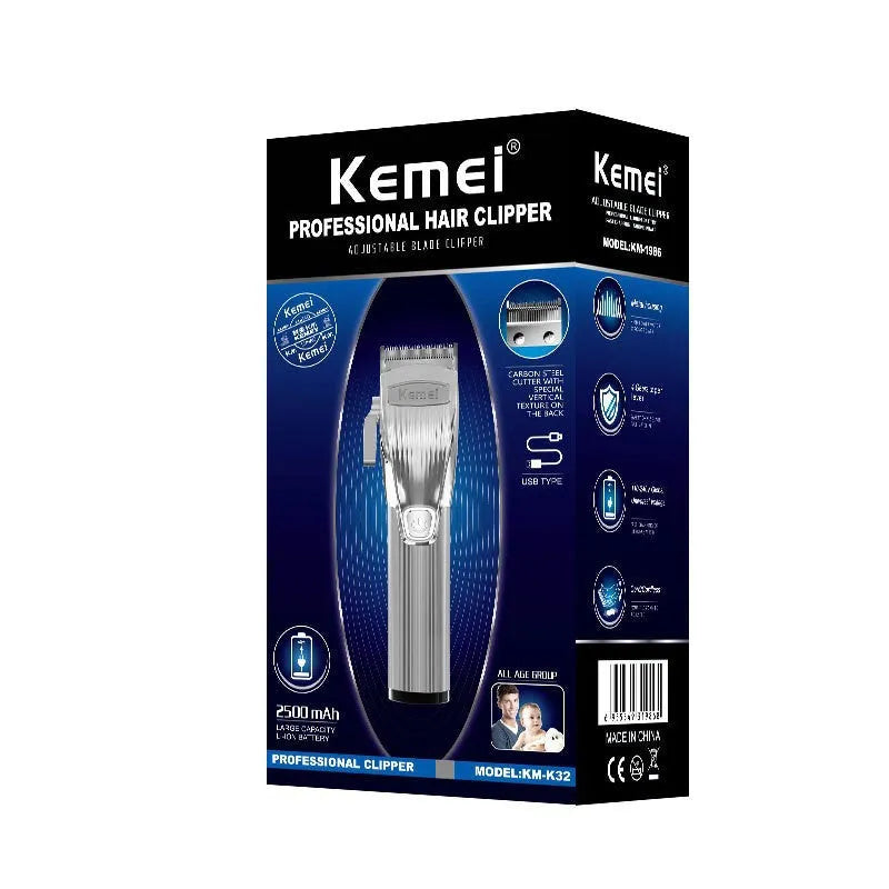 Rechargeable KM-K32 hair clipper for oil head carving with washable blades, 8 limiting combs and USB cable
