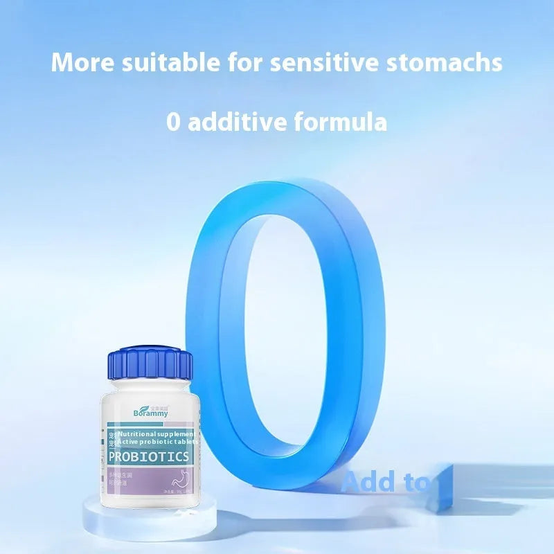 Bottle of pet probiotic tablets containing 180 tablets with 12 billion CFU per tablet for cats and dogs