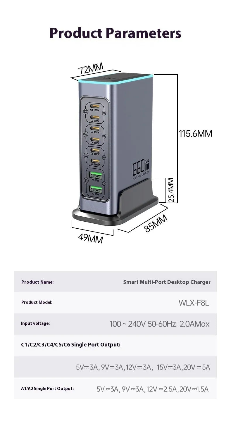 660W gallium nitride desktop charger with Type-C interface and multi-port design for mobile phone and tablet use