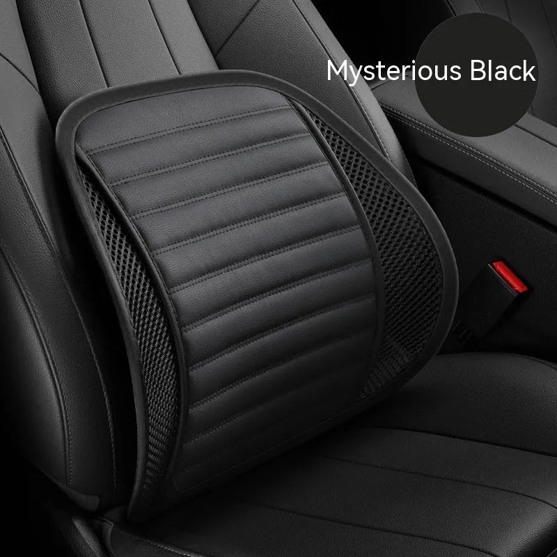 Leather lumbar support pillow for car seat in choice of five colours: blue, brown, black, ivory, and pink.