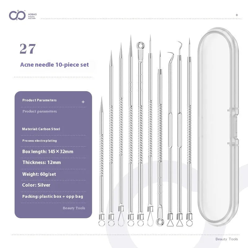 Four metal acne needle tools with pointed tips on a white background.
