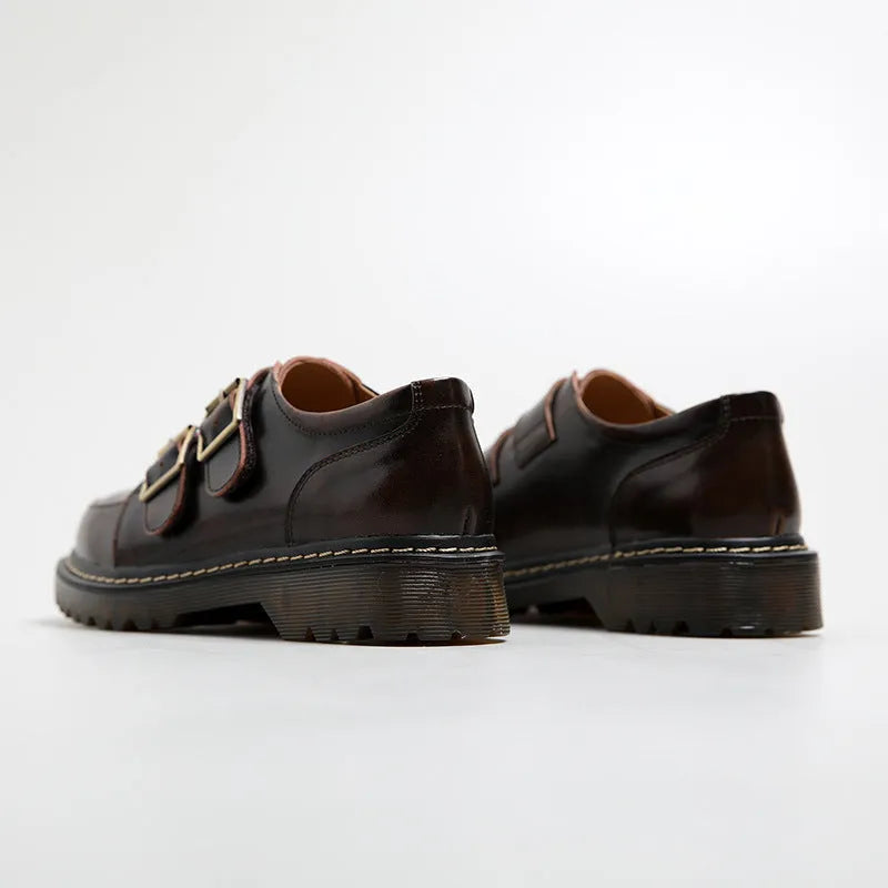 Women's retro double buckle pumps in black or brown genuine leather, flat 0-1cm heel, round toe, sizes 34-41.
