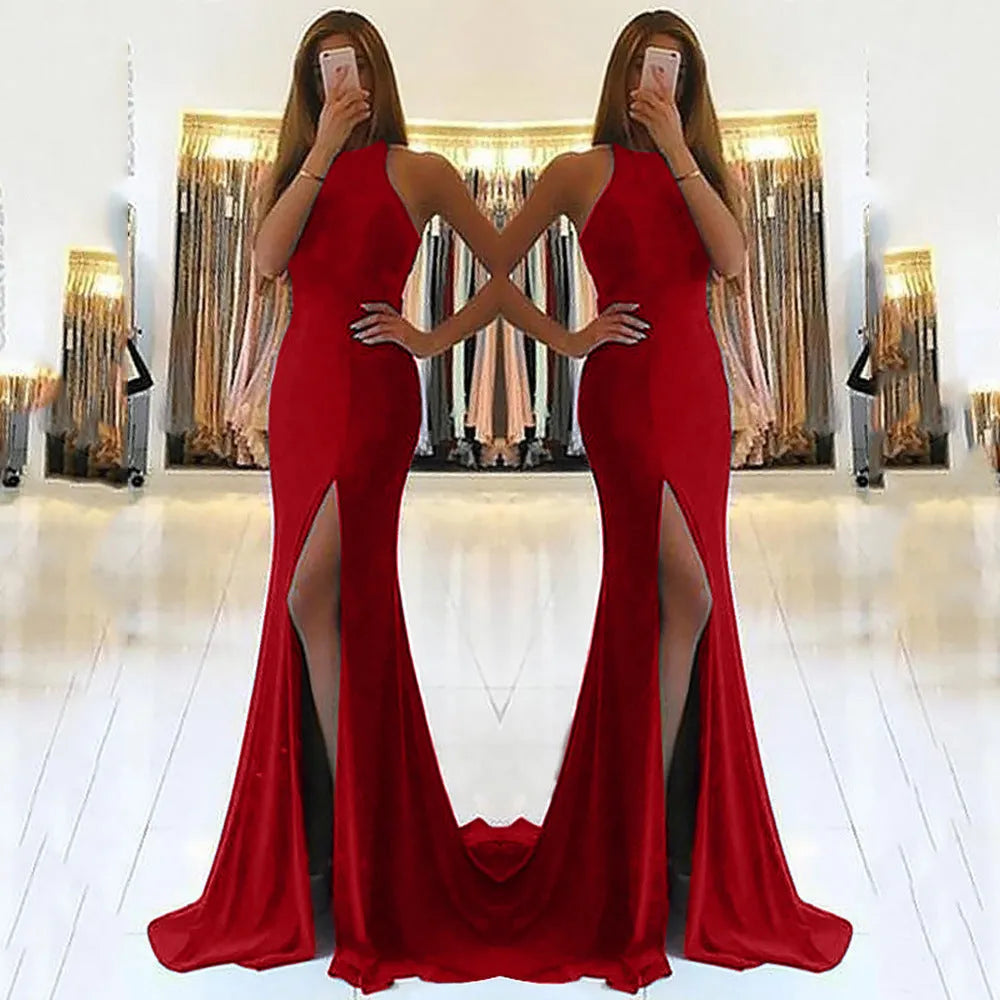 Long red evening dress with high waist, large swing skirt and hollow design elements
