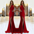 Long red evening dress with high waist, large swing skirt and hollow design elements
