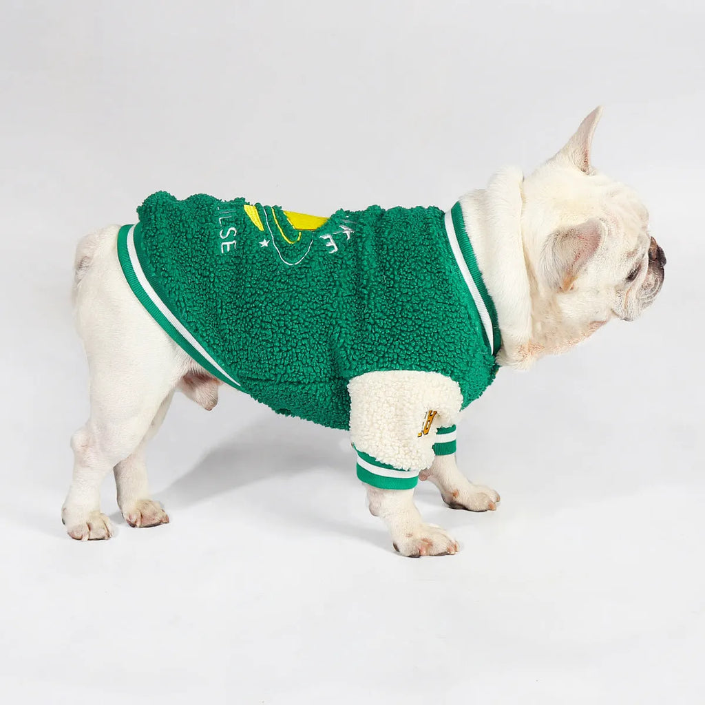 Green fleece-lined cotton dog coat for winter weather in large sizes