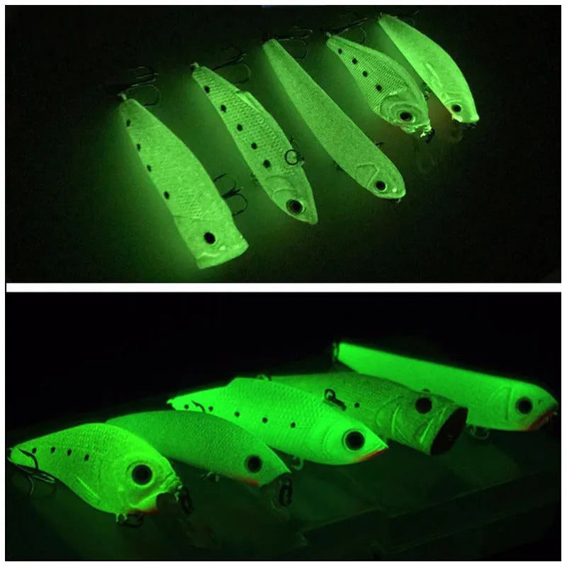Five 3D fluorescent hard fishing lures with luminous design in multi-colour set