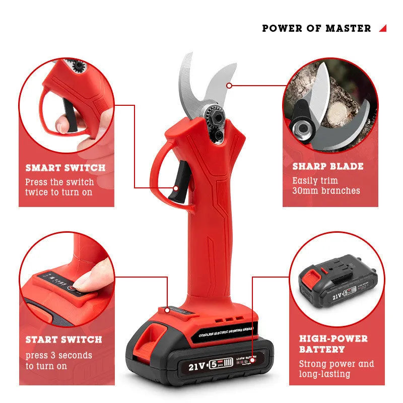 Red rechargeable electric branch shears and electric chainsaw pruning set with plastic box, 220V US outlet option