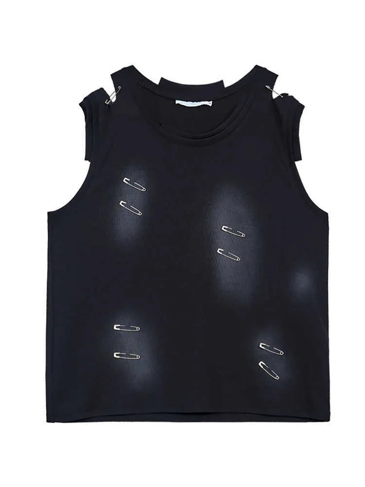 Men's black sleeveless vest waistcoat t-shirt with ripped irregular cutting design and round neck collar