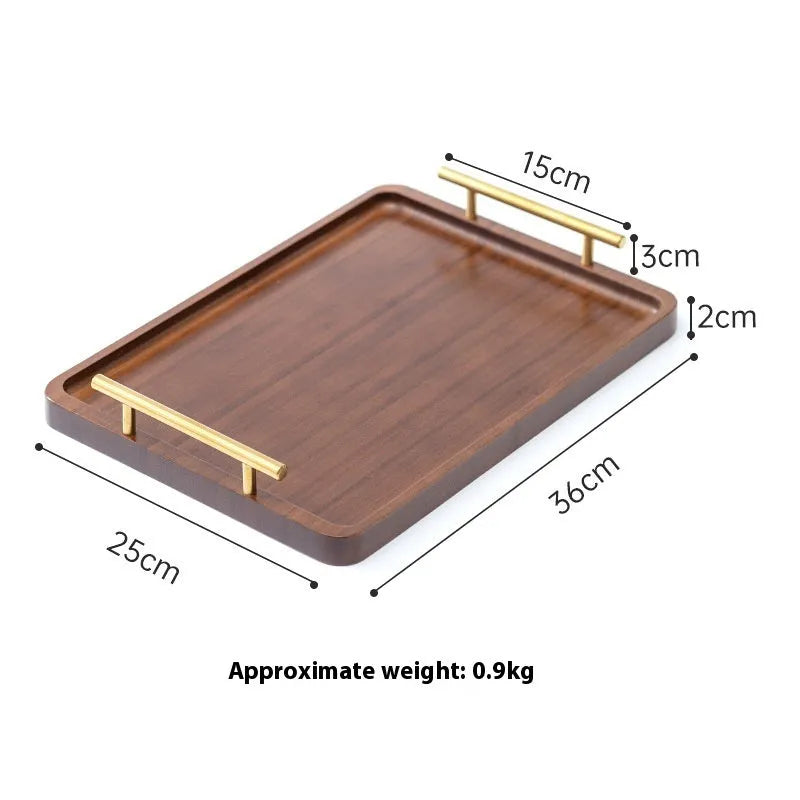Brown handle bamboo square serving tray on a table, pastoral style solid colour.
