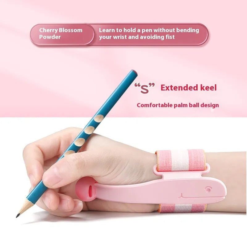 Blue anti-hook wrist brace corrector for handwriting posture and pencil grip training