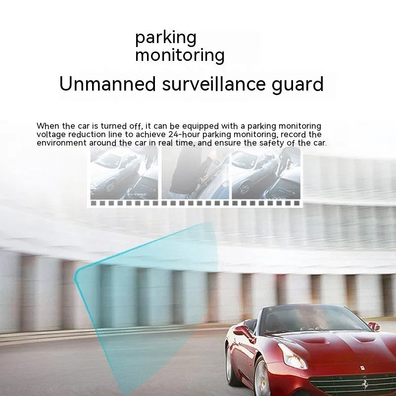 Black car dash cam with 5 inch screen mounted on a bracket, showing front and rear camera lenses.
