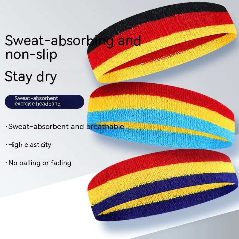 Colourful sports headband for adults in multicolour combinations, shown with 5.5x20 cm dimensions.