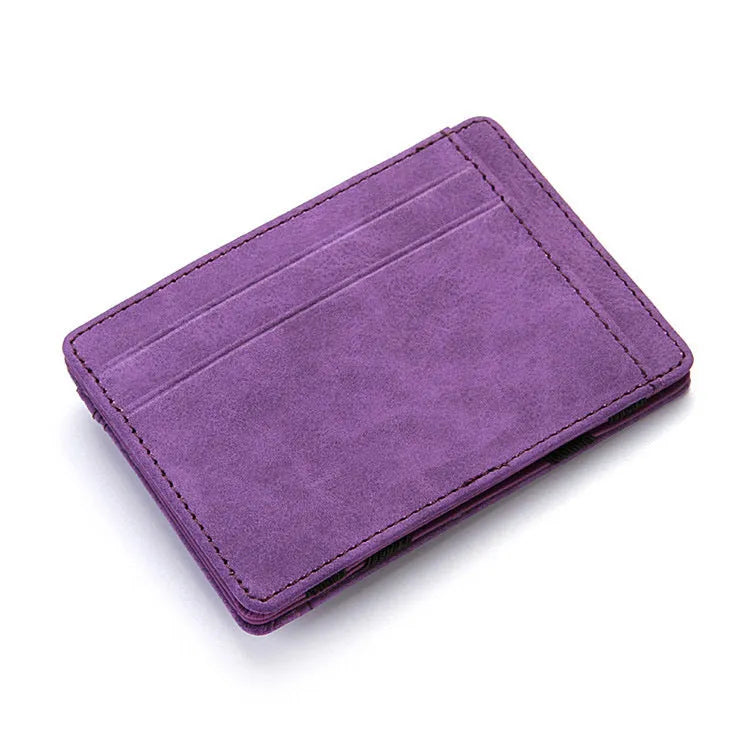 Solid colour PU magic wallet open, showing flip card holder and zippered coin purse in light grey.