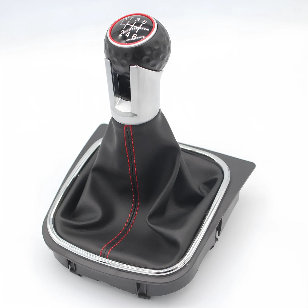 Leather gear knob and dust boot replacement part for Volkswagen Golf 5, Golf 6, and Golf 7 models.