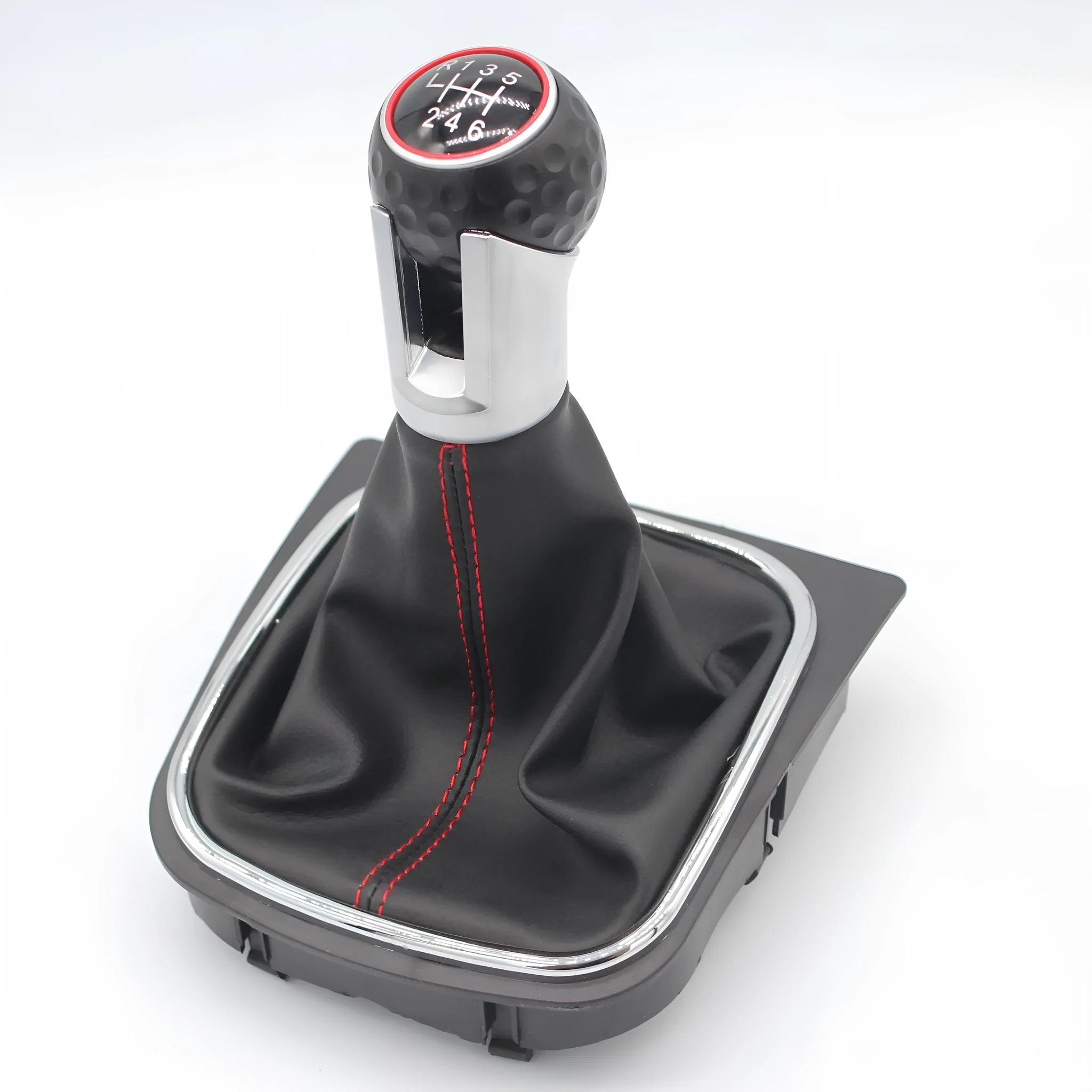 Leather gear knob and dust boot replacement part for Volkswagen Golf 5, Golf 6, and Golf 7 models.