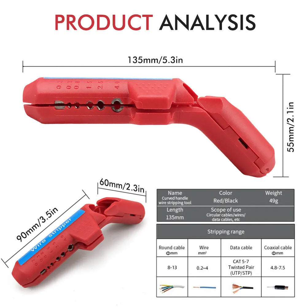 Multifunctional wire stripper for wire and cable stripping and peeling, shown in red or black, single pack