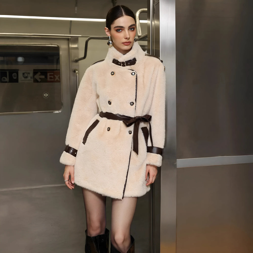 Women's loose fit apricot faux fur coat with lace-up front and faux fur collar