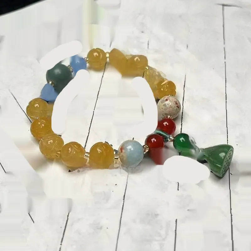 Hand-carved pumpkin lotus beads bracelet in white jade and bodhi root with multiple bead sizes