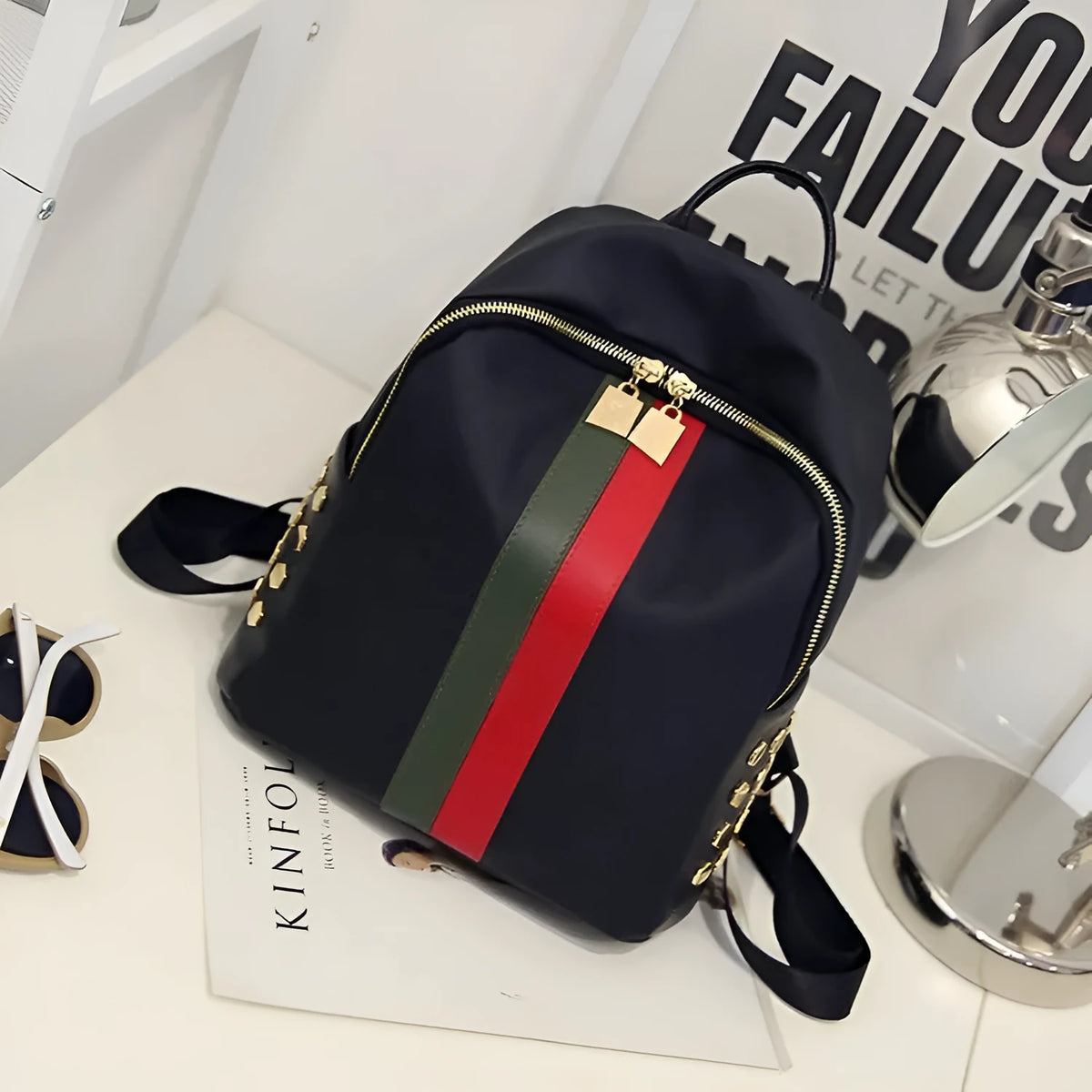 Fashion Korean style PU leather backpack with red and green stripes and sewing thread detail