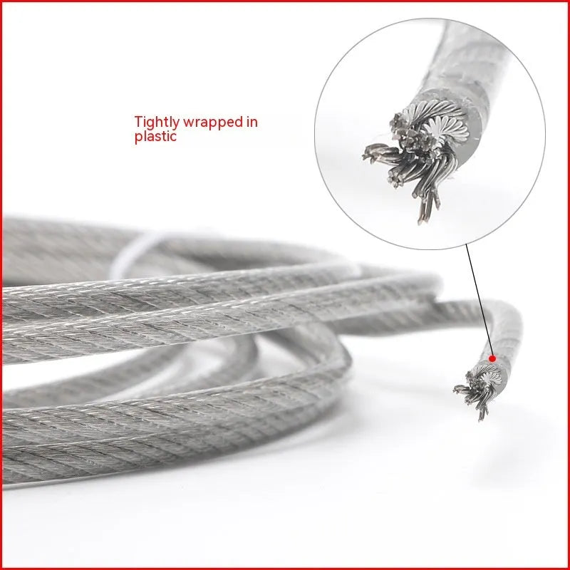 Close-up of a PVC-coated stainless steel security cable showing its multi-strand 7x19 construction.