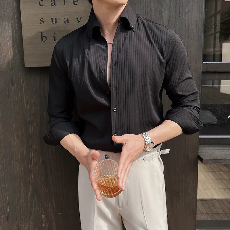 Men's striped V-neck long sleeve casual shirt in polyester blend fabric showing cardigan style