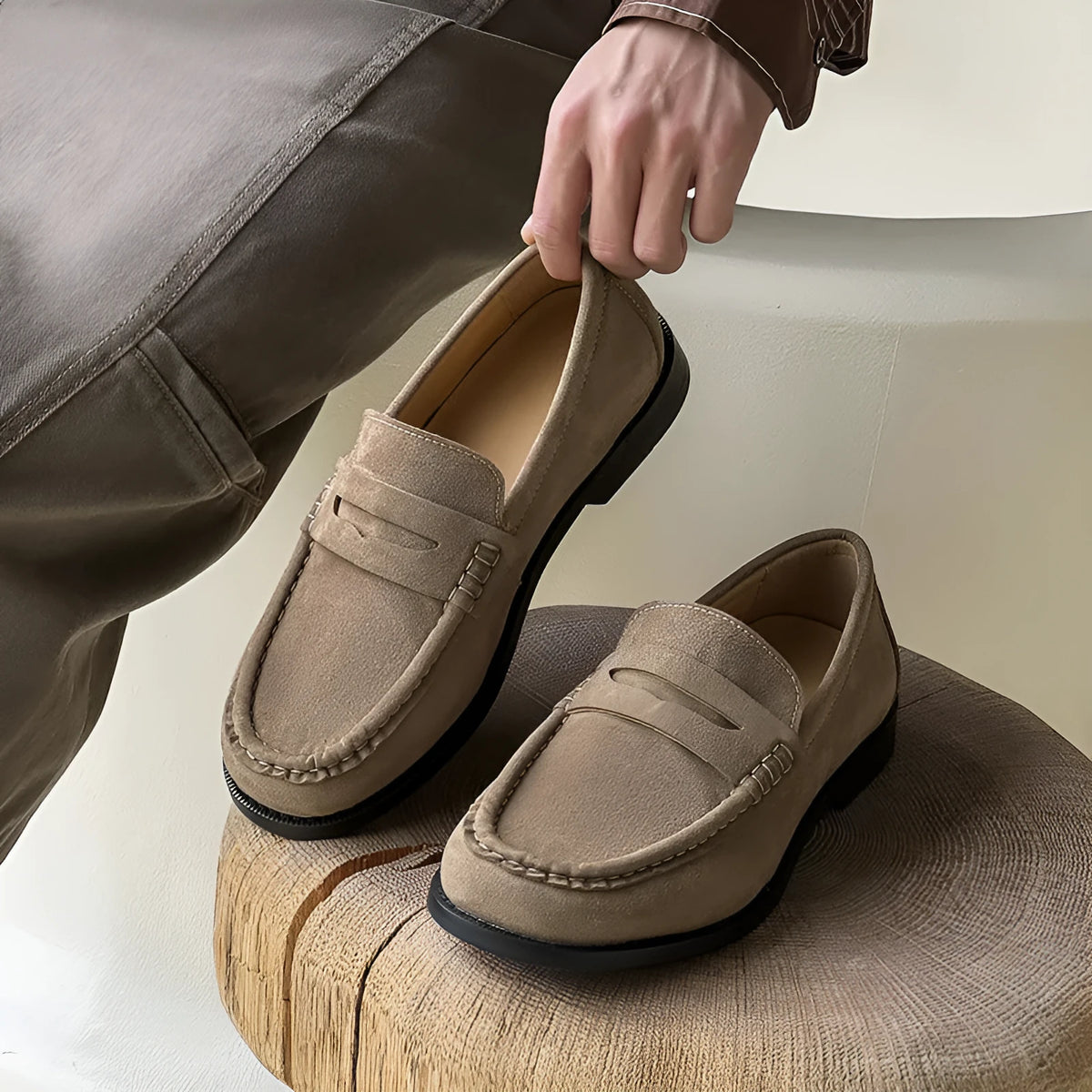 Men's slip-on PU leather shoes in khaki or Gardenia yellow with flat heel, round toe, rubber sole, sizes 39-44.