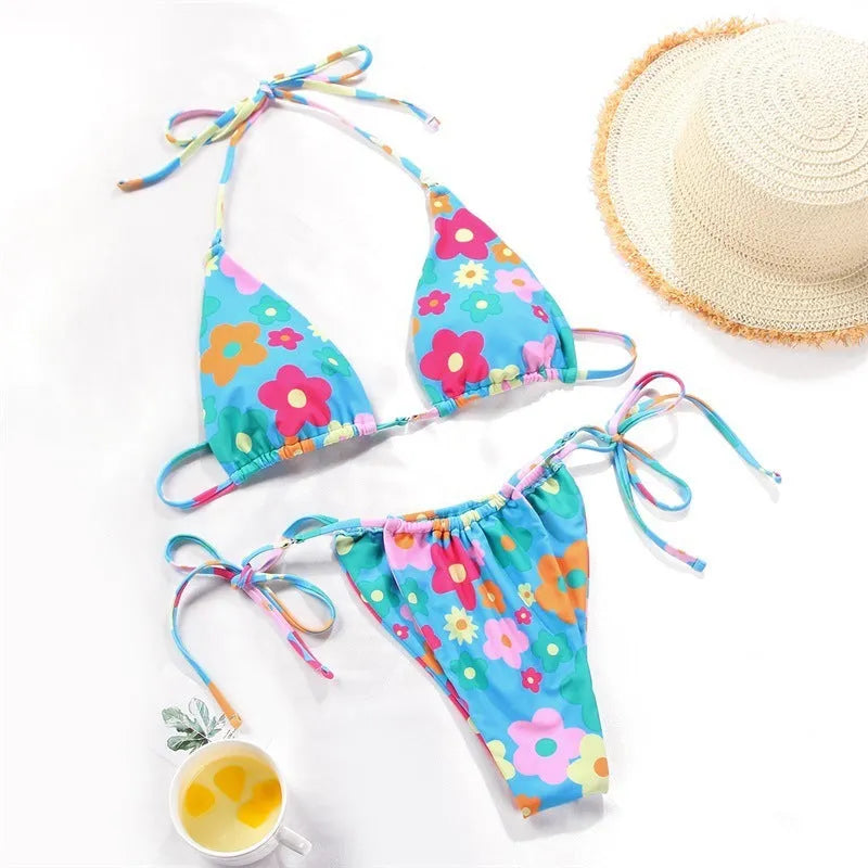 Women's polka dot print split swimsuit bikini set with floral and gradient pattern options