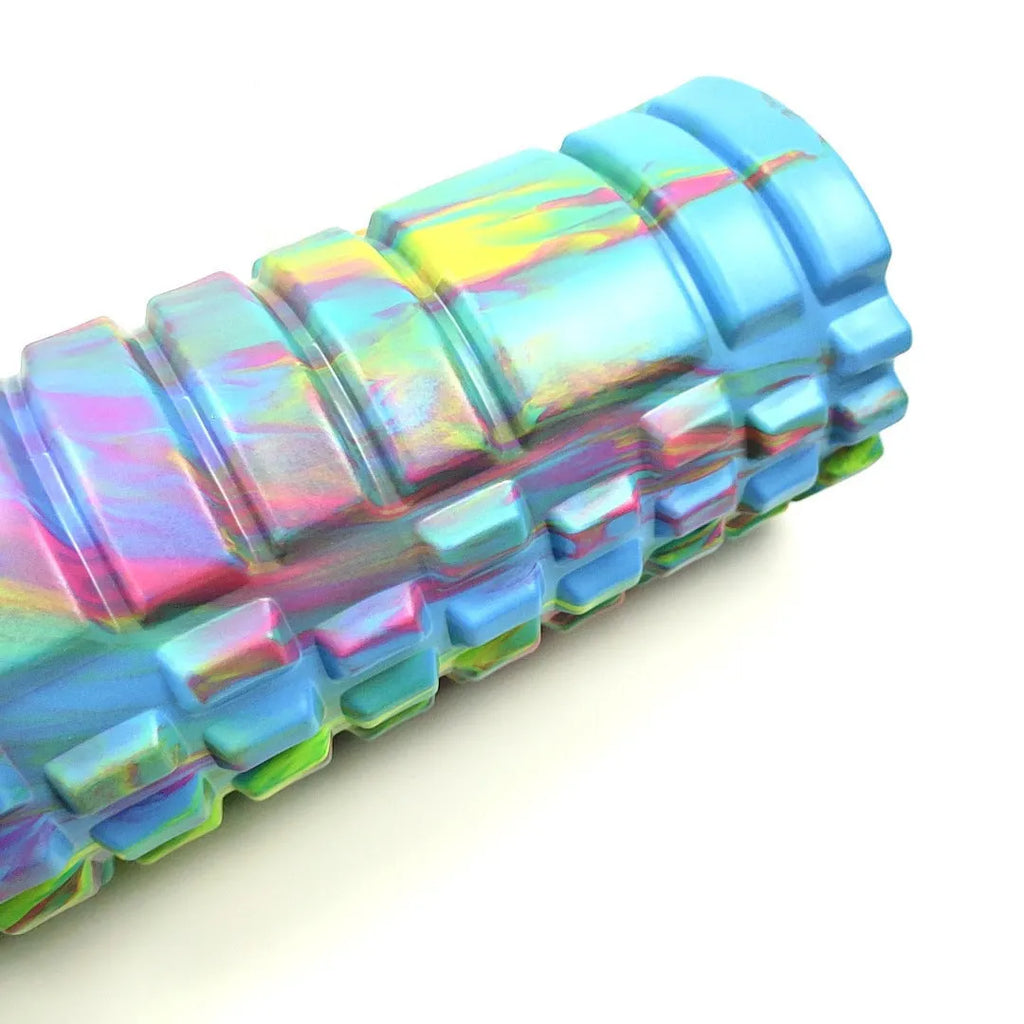 33cm camouflage EVA foam roller in blue green yellow pattern for fitness and massage