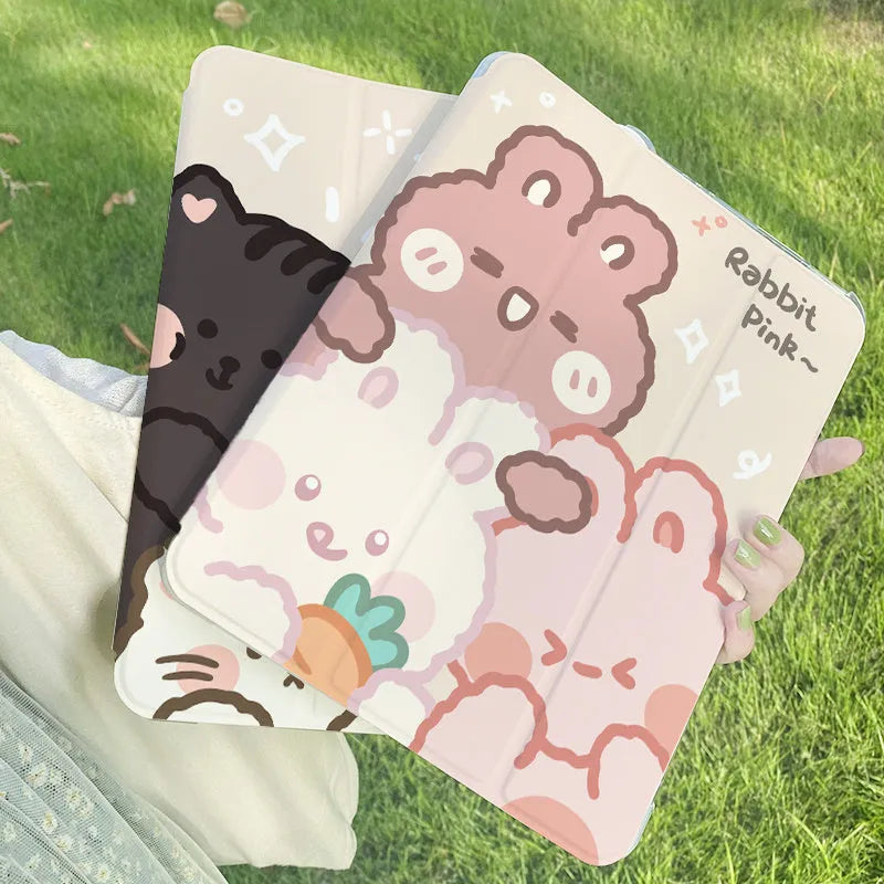 Rabbit cartoon design on a flat tri-fold silicone case for an iPad.