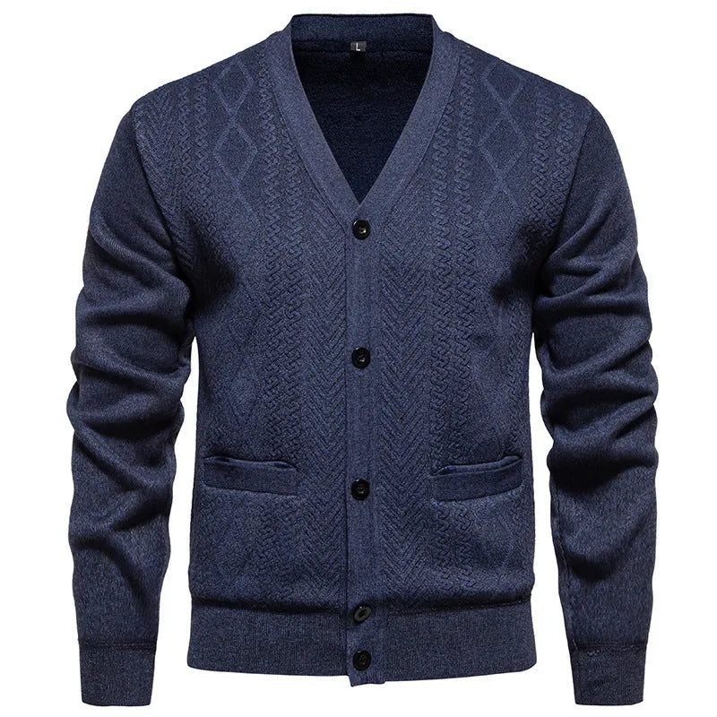 Men's plus size striped cardigan sweater with long sleeves and wool lining in brown colour.