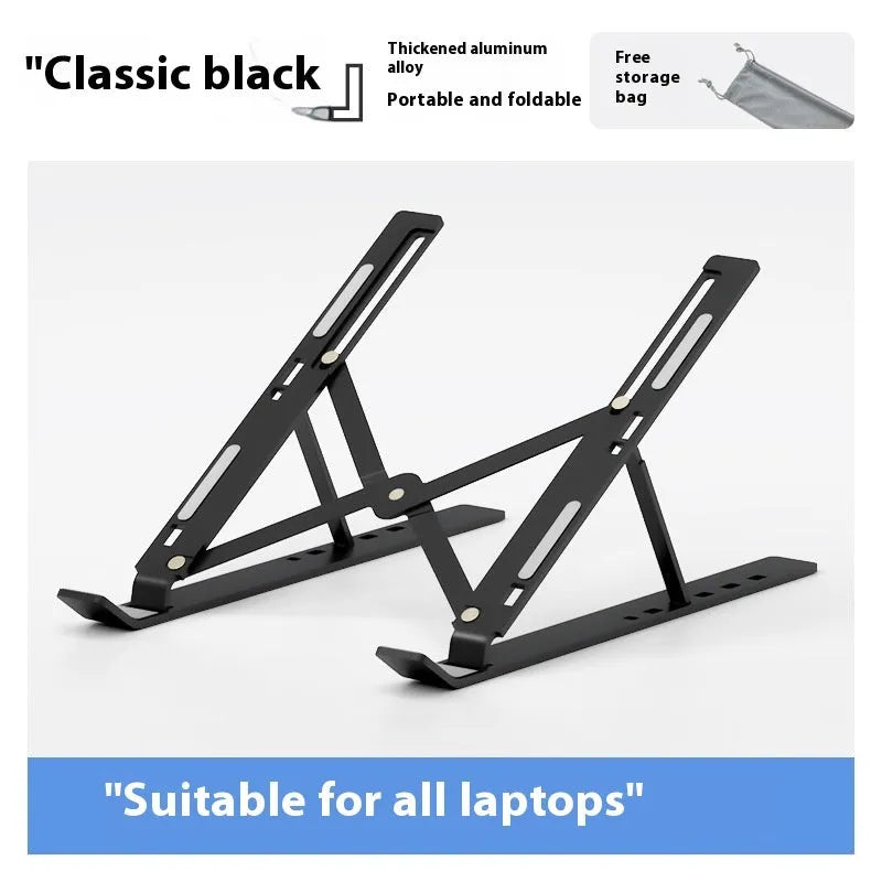 Silver aluminium alloy folding laptop stand holding a notebook, shown next to its cloth storage bag.