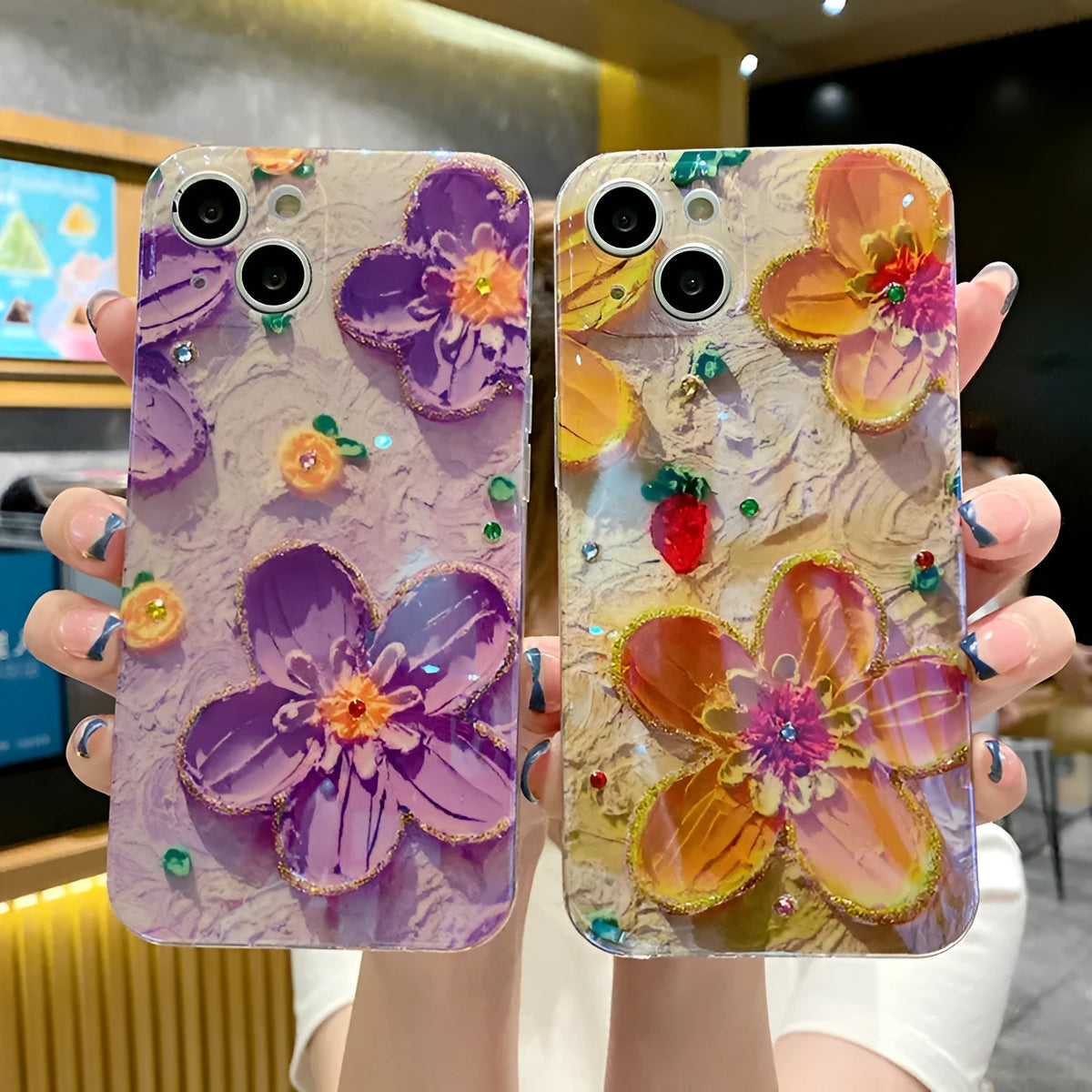 Soft rubber phone case with oil painting flower design and blue light effect featuring diamond drop glue detailing