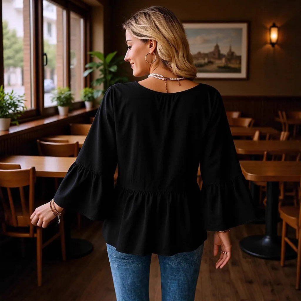 Women's solid black casual shirt with seven-point flared pleated sleeves