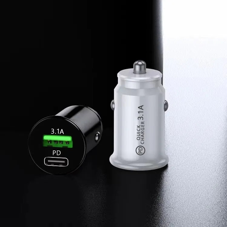 Black and white dual USB car charger with USB-A and USB-C ports for vehicle cigarette lighter socket.