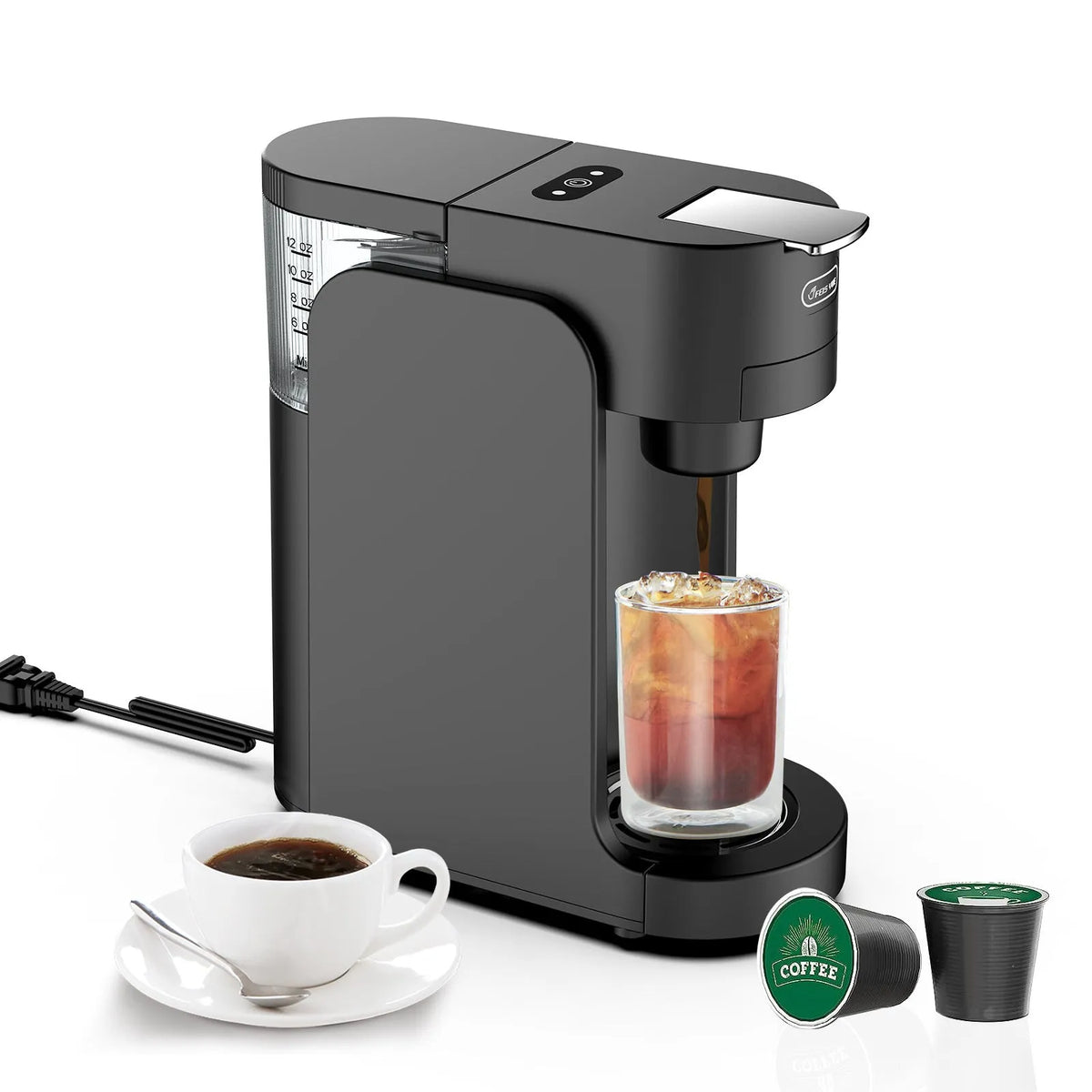 Black and white compact K-Cup capsule coffee machine with transparent water tank on kitchen counter.