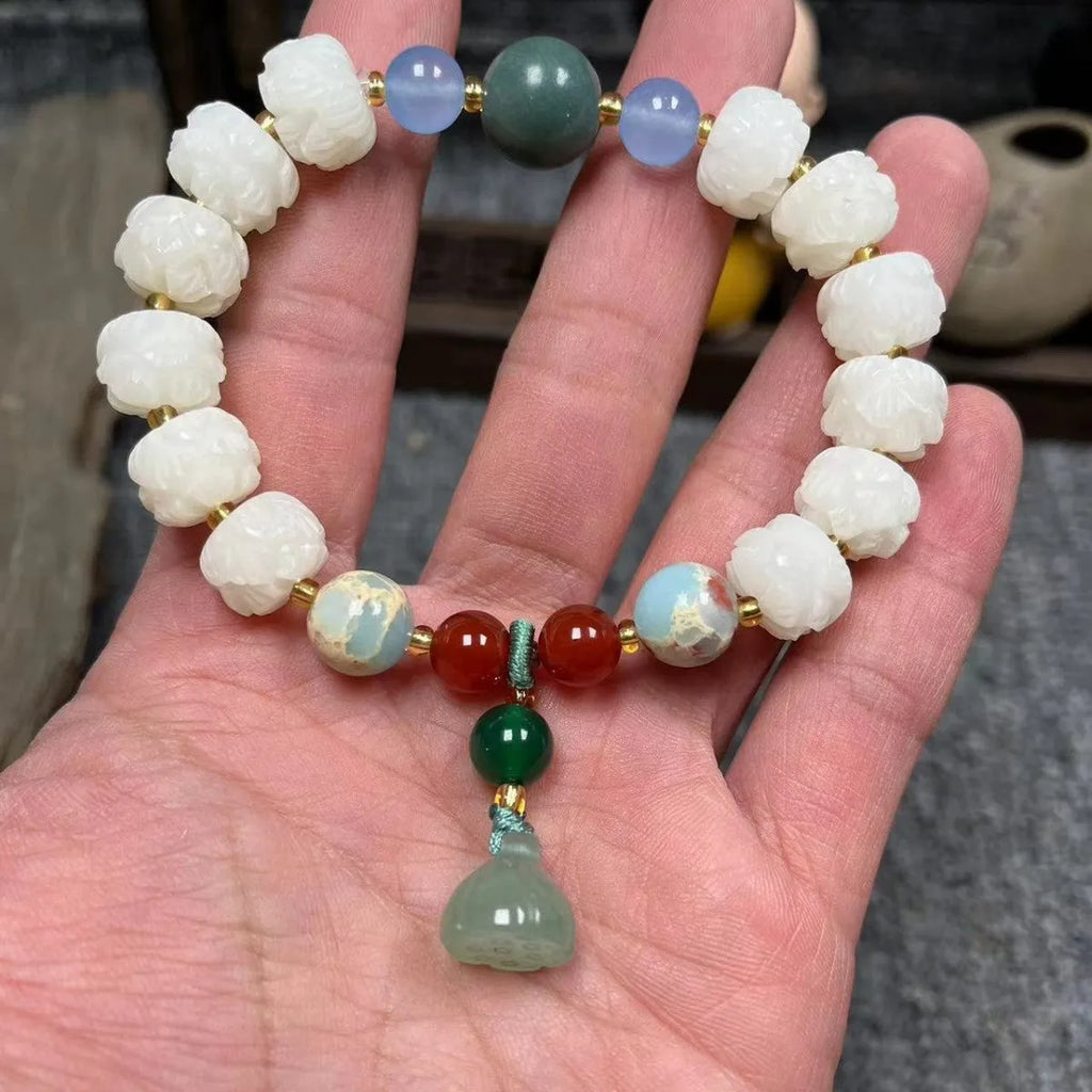 Hand-carved pumpkin lotus beads bracelet in white jade and bodhi root with multiple bead sizes
