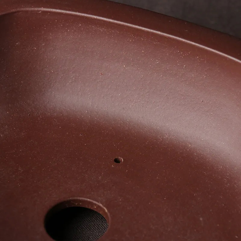 Handmade purple clay ceramic bonsai basin with classical Chinese styling showing dimensions