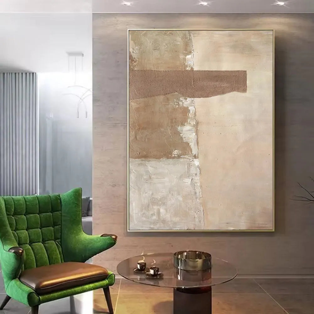 Handmade abstract oil painting on canvas, brown vertical wabi-sabi wall art, unframed one panel