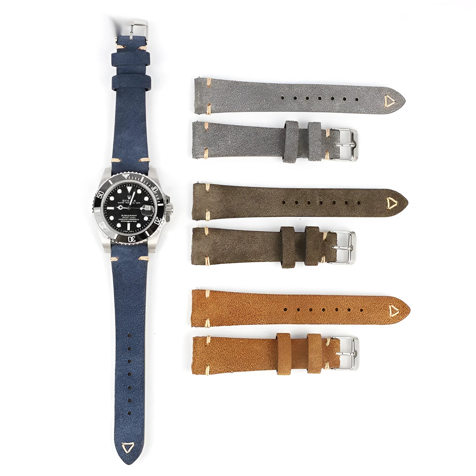 Genuine suede leather watch strap in brown, blue, gray, and Army Green colours for 20mm and 22mm watches