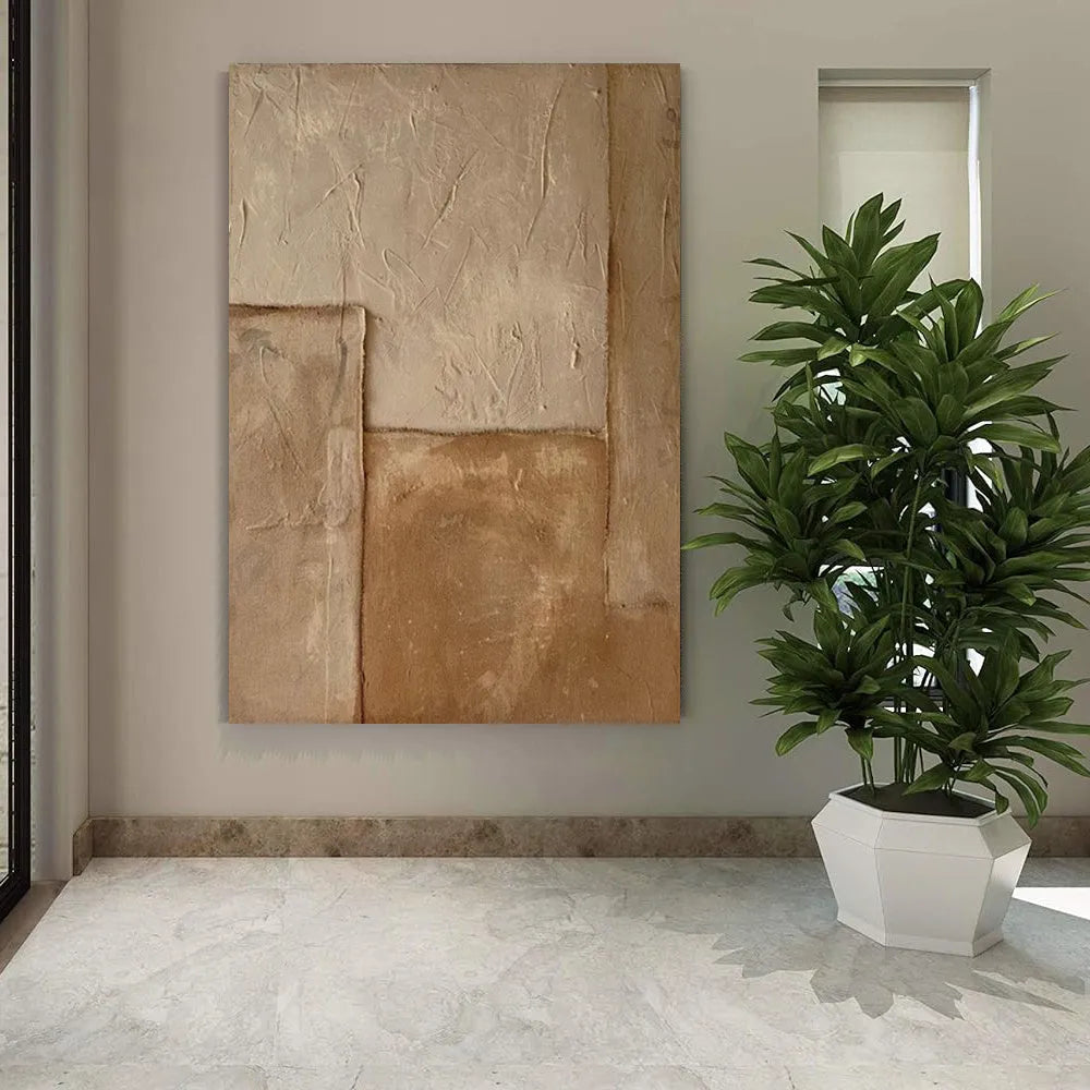 Handmade abstract oil painting on canvas, brown vertical wabi-sabi wall art, unframed one panel